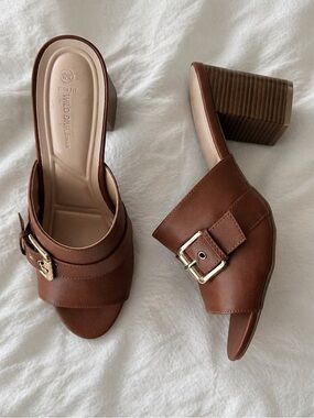 Chunky Brown Buckle Leather Heels